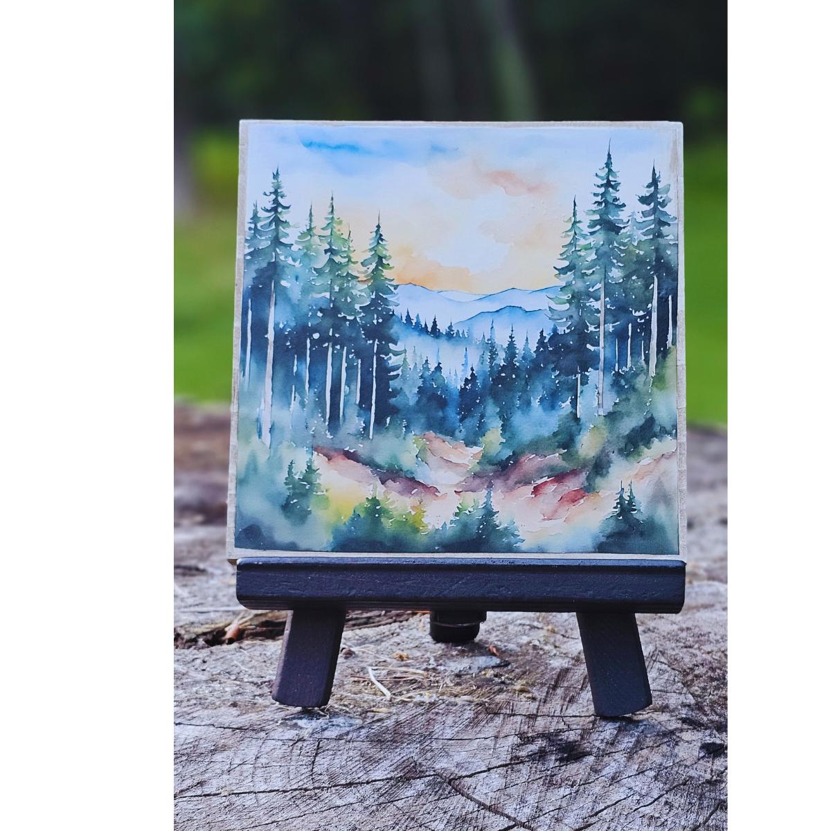 Nature-inspired Watercolor Wood Art, Scenic Landscape Painting, Handcrafted Easel Art, Nature Home Accent, Pine tree art, Mini Art, 6Designs