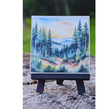Nature-inspired Watercolor Wood Art, Scenic Landscape Painting, Handcrafted Easel Art, Nature Home Accent, Pine tree art, Mini Art, 6Designs