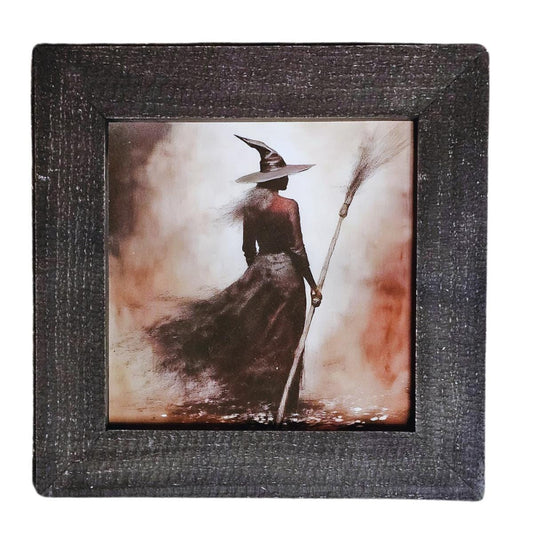 Witchy Décor Halloween Framed Wall Art , Vintage Halloween Painting, Vintage Halloween Print, Rustic Framed Witch Print