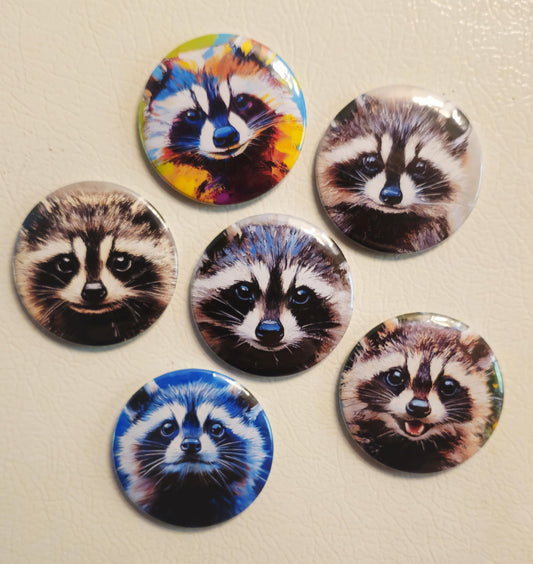 Cute Racoon Magnets or Buttons, Racoon Magnet Set, Racoon portrait, Racoon magnet, Racoon Pin, Racoon art