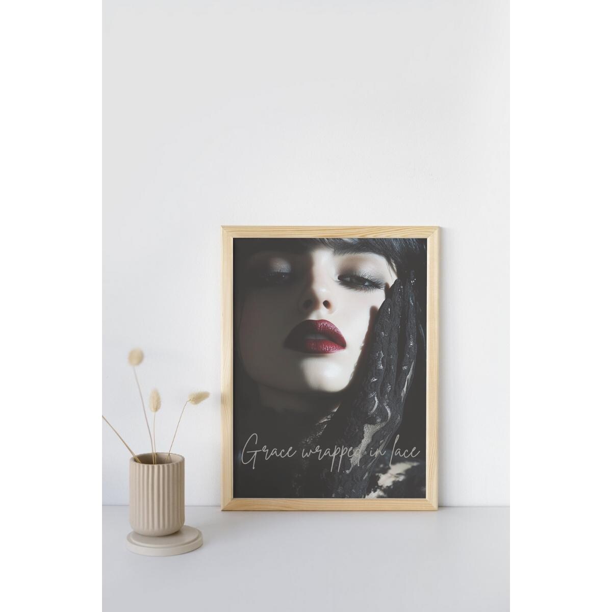 Grace Wrapped in Lace Poster, Coquette Aesthetic Decor, Bedroom Wall Art, Feminine Print, Pink coquette, red lipstick, PRINT ONLY