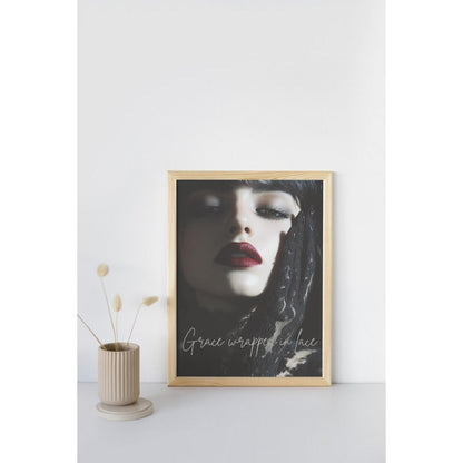 Grace Wrapped in Lace Poster, Coquette Aesthetic Decor, Bedroom Wall Art, Feminine Print, Pink coquette, red lipstick, PRINT ONLY