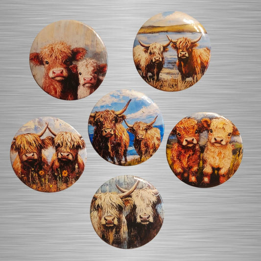 Highland Cows Magnets or Buttons, Highland Cow Magnet Set, Scottish Cows, Highland Cow magnet, Highland Cow Pin, Cow art
