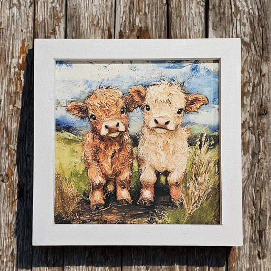 Whimsical Framed Baby Highland Cow Print, Farmhouse Art, Farm Theme Decor, Animal Print Wall Art, Cow wall art, Baby Cows