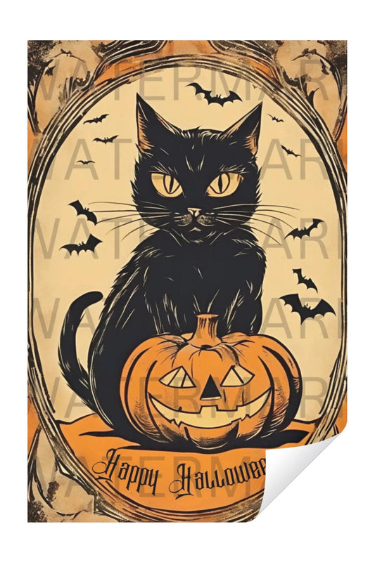 Vintage Halloween Cat Pumpkin | PRINT ONLY| Retro Wall Art, Spooky Décor, Fall Black Cat Portrait, Halloween Home Decoration