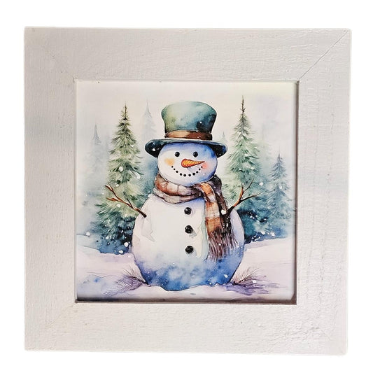 Rustic Watercolor Snowman Wall Art, Framed Winter Print, Christmas Décor, Holiday Snowman Painting