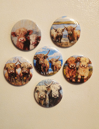 Highland Cows Magnets or Buttons, Highland Cow Magnet Set, Scottish Cows, Highland Cow magnet, Highland Cow Pin, Cow art