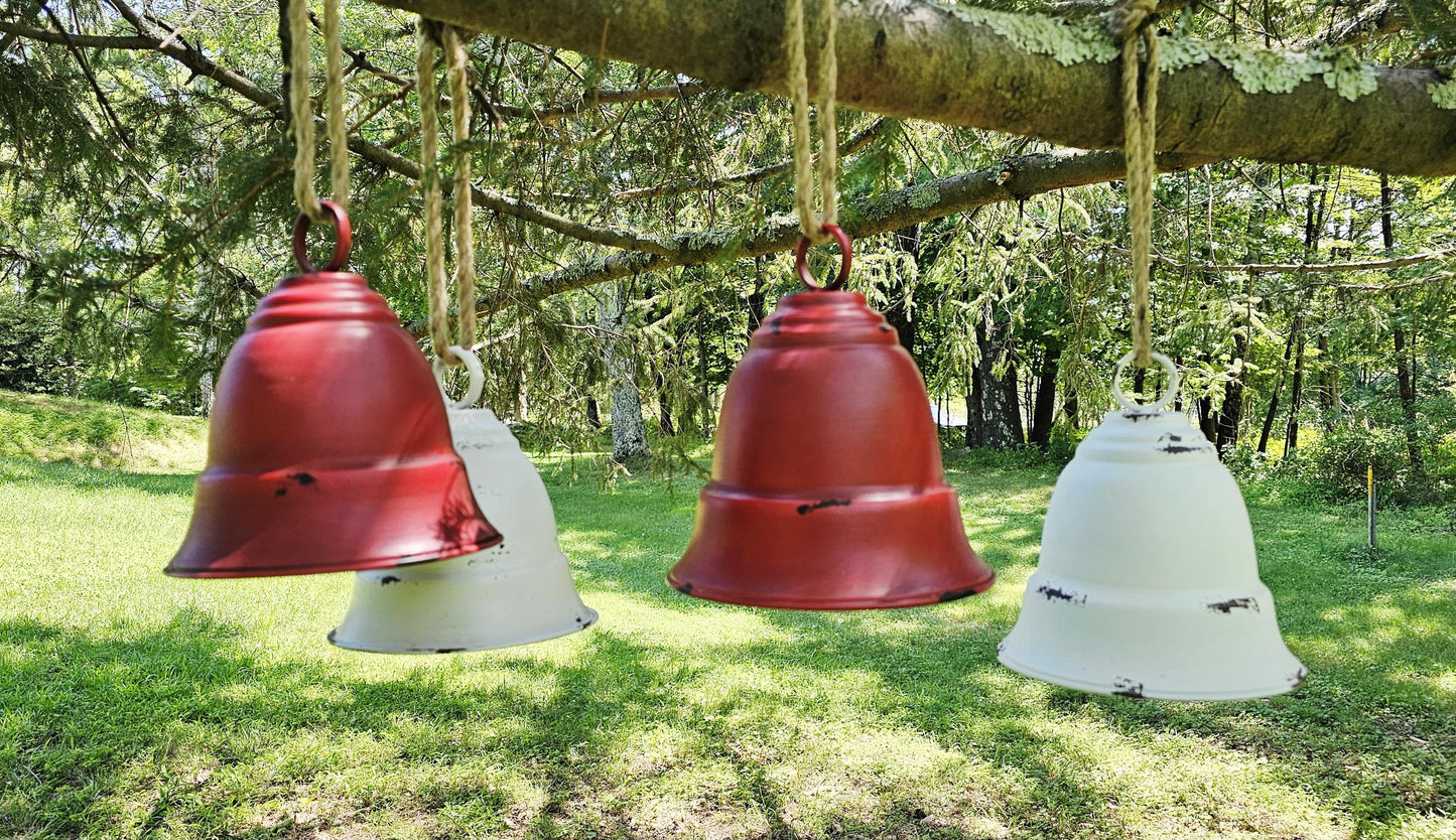 Red/White Metal Christmas Bell, Distressed Rustic Bell, Holiday Decoration, Winter Home Decor, Seasonal Decor