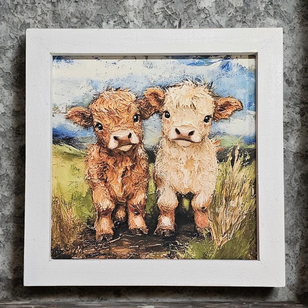 Whimsical Framed Baby Highland Cow Print, Farmhouse Art, Farm Theme Decor, Animal Print Wall Art, Cow wall art, Baby Cows