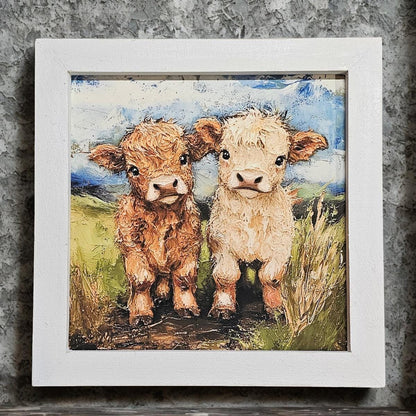 Whimsical Framed Baby Highland Cow Print, Farmhouse Art, Farm Theme Decor, Animal Print Wall Art, Cow wall art, Baby Cows