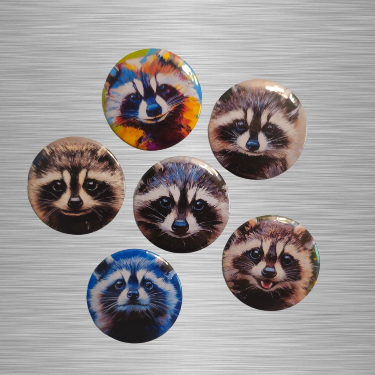 Cute Racoon Magnets or Buttons, Racoon Magnet Set, Racoon portrait, Racoon magnet, Racoon Pin, Racoon art