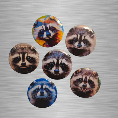 Cute Racoon Magnets or Buttons, Racoon Magnet Set, Racoon portrait, Racoon magnet, Racoon Pin, Racoon art