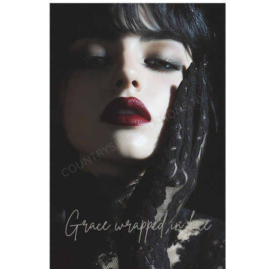 Grace Wrapped in Lace Poster, Coquette Aesthetic Decor, Bedroom Wall Art, Feminine Print, Pink coquette, red lipstick, PRINT ONLY